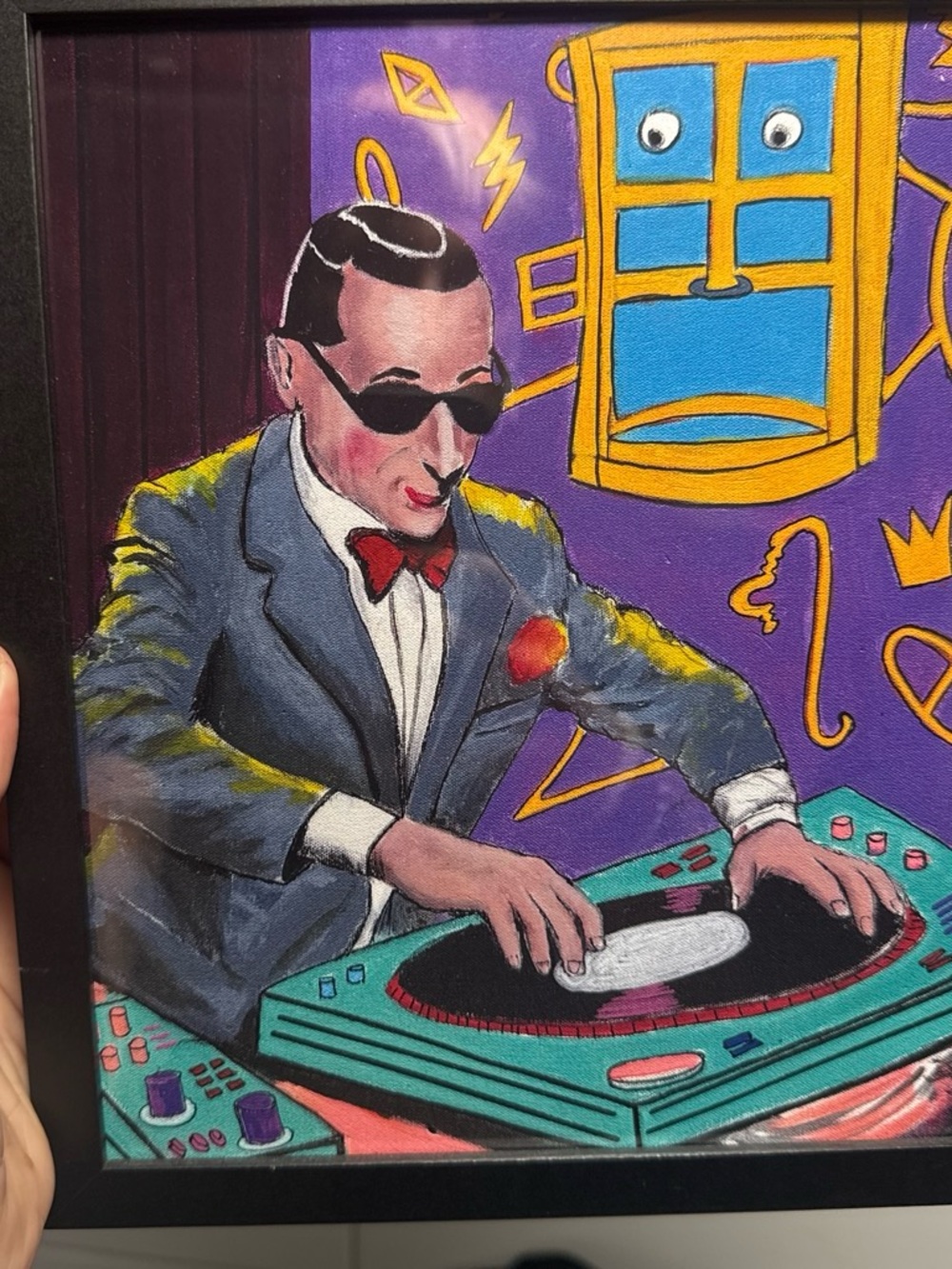 Retro DJ Portrait Wall Art in Purple and Teal